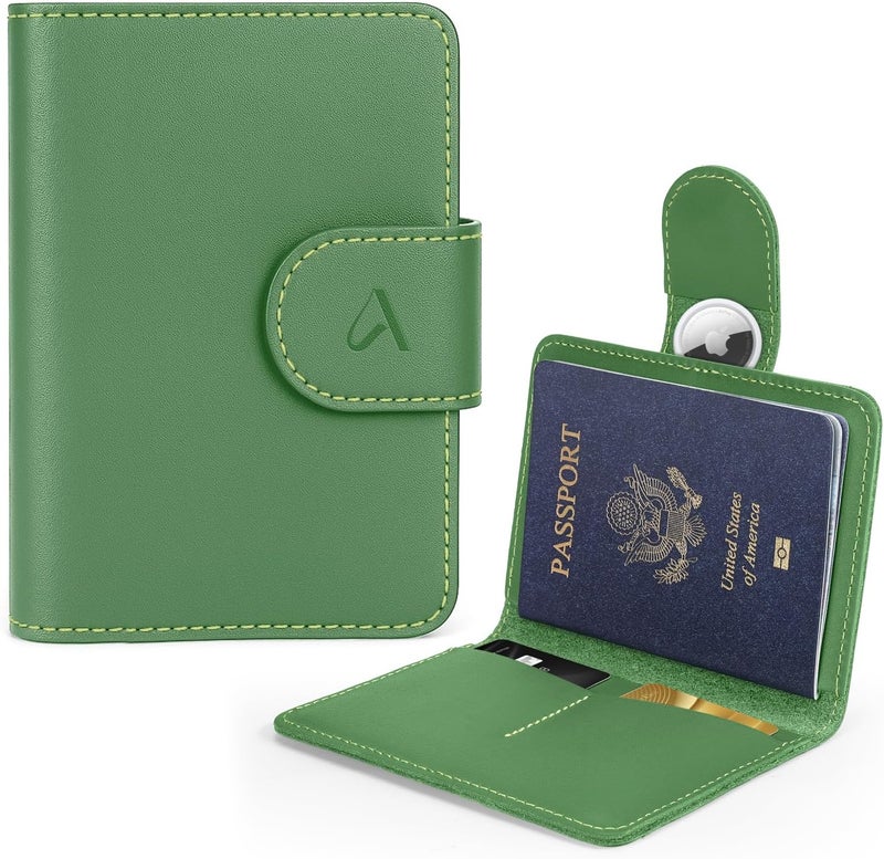 ALLIVE Rfid Passport Holder for Travel Women, Rfid Passport Cover Wallet, Genuine Leather Passport Holder for Travel with AirTag Hidden, Airport Essentials, Travel Gifts (Avocado Green) - Image 1